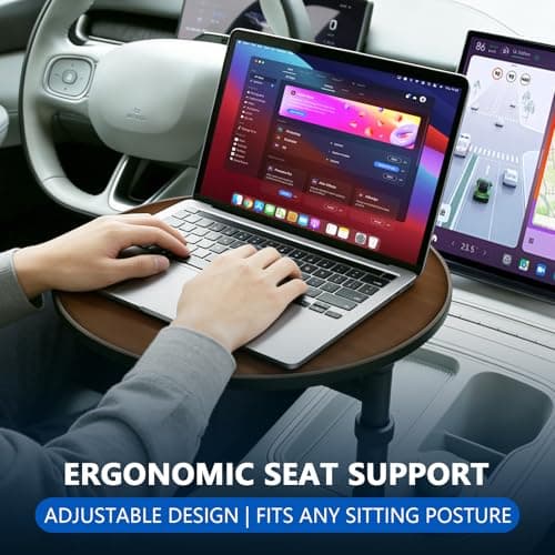 Lumlazni Car Desk for Laptop, Portable 360° Rotation Wooden Steering Wheel Tray (Cup Holder Mounted) for Food, Eating, Office, Compatible with Tesla Model Y/3 & Most Vehicles - Thumbnail 2