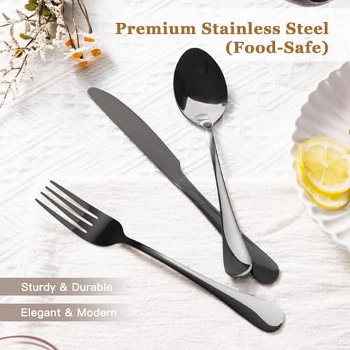 Astercook 24-Piece Black Silverware Set with Steak Knives Flatware Set for 4 Food-Grade Stainless Steel Cutlery Set Mirror Polished Utensils Set Include Spoons and Forks for Home Kitchen Restaurant - Thumbnail 3
