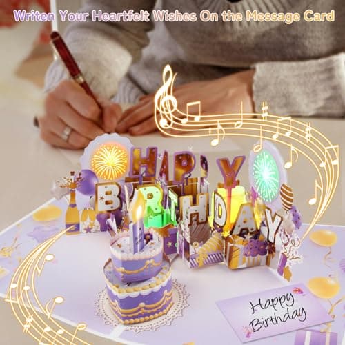 XTF2015 Firework Birthday Cards，Music & LED Lights 3D Pop Up Greeting Card with Blowable Birthday Cake, Comes with Digital DIY, Sticky Note and Envelope, for Lover, Family and Friend - Thumbnail 4