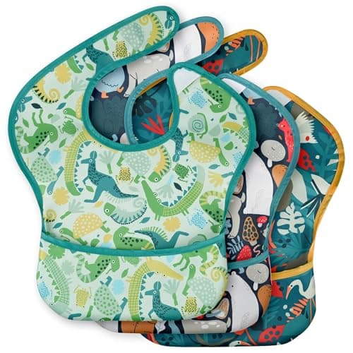 CIVARUA KIDS 3-Pack Waterproof Baby Bibs for Eating - Mess Proof Lightweight Toddler Feeding Bibs with Large Food Catcher, Food-Grade Baby Eating Essentials, Easy to Put On & Clean(Green Animals) - Image 1