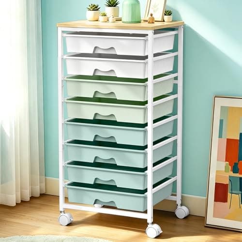 SUNALLY Rolling Storage Utility Cart With 8 Drawers, Storage Drawer Cart with Wooden Tabletop and 2 Lockable Wheels, 8 Tier Rolling Cart for Craft Art Supply Storage & Home Office Organization, Green - Image 1