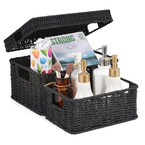 GANLUX Wicker Storage Basket with Lid - Woven Basket for Storage,Rectangular Decorative Boxes Bins with Lids for Shelves,living room, Nursery, 2 baskets+1 lid(Black) - Image 1