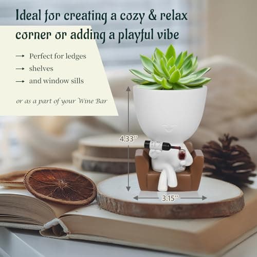 Wnsamoddy Funny Face Planter Pots with Drainage - Resin Head Flower Pot for Indoor Outdoor Succulents Cactus, Unique White Elephant Gifts for Wine & Plant Lovers, Home Office Desk Decor - Thumbnail 3