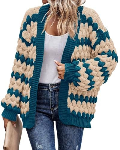 KIRUNDO Women's Cardigans Casual Long Sleeve Chunky Knit Color Block Striped Cardigan Open Front Cozy Sweater Coat Knit Outerwear Teacher Outfits(Denim Blue, Large) - Image 1