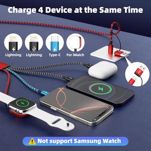 Travel Essentials 4in2 Multi Charging Cable for iPhone Watch Charger,USB A/C to Dual IP/Type C/iWatch Charger,Travel Chargers for Multiple Device Compatible with iWatch Series&iPhone 17-12/Android 5FT - Thumbnail 3