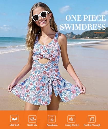 MFAVIP Girls One Piece Swimsuits Floral Bathing Suit for Teens V Neck Ruffle Straps Swimsuit Dress Size 9-16 - Thumbnail 2