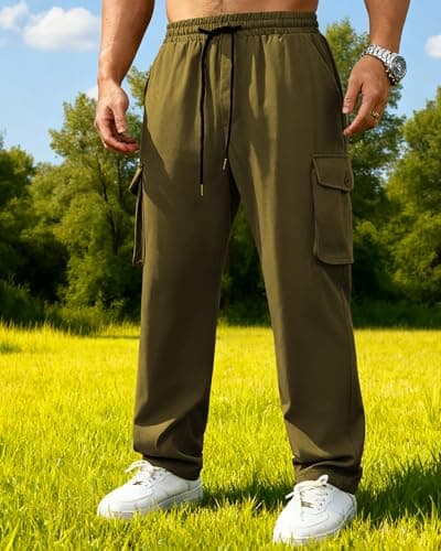 DISLANBO Men's Lightweight Cargo Pants Elastic Drawstring Casual Relaxed Fit Tapered Pants Multi Pockets ArmyGreen 3XL - Thumbnail 2