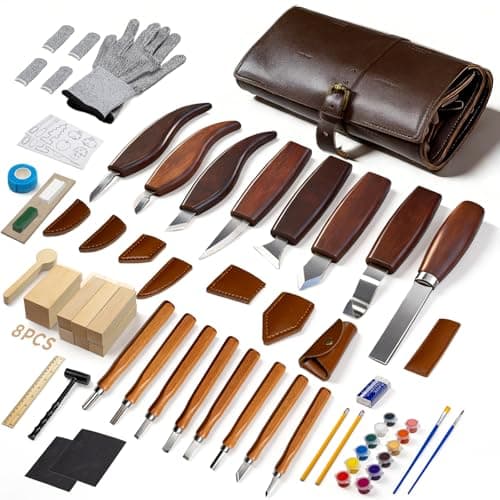 VMYTH Wood Carving Kit for Beginners - 68PCS Complete Whittling Kit with Premium Leather Storage Bag, 16 Carbon Steel Knives, 8 Basswood Blocks & Paint - DIY Woodworking Tools Gifts for Adults