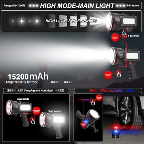 anlook Rechargeable Spotlight Flashlight, Super Bright Handheld Spot Light with COB Light & Foldable Stand, Waterproof Long Lasting Hand Held Searchlight Spotlight for Boating Camping Hunting Fishing - Thumbnail 4