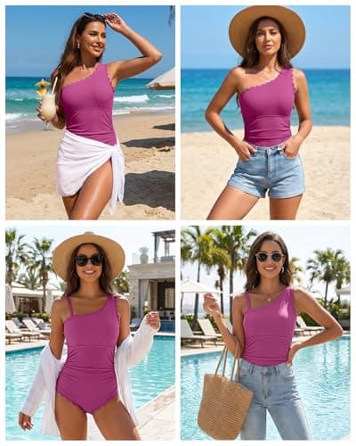 Charmo Womens One Piece Swimsuits Scalloped One Shoulder Bathing Suit Ribbed Tummy Control Modest Swim Suit Magenta Pink S - Thumbnail 5
