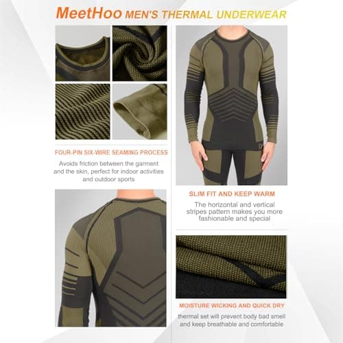 MeetHoo Mens Thermal Underwear Set Seamless Fleece Lined Base Layer Sports Long Johns Winter Gear Running Skiing Green - Thumbnail 4