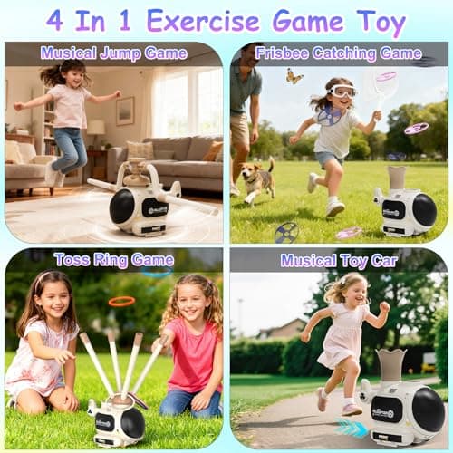 WhimsQuest 4-in-1 Kids Outdoor Game Toy, Auto Disc Launcher, Jump Dodge & Ring Toss, Interactive Sports Play for Boys & Girls (White) - Thumbnail 6