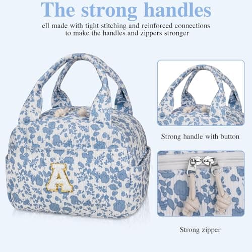 Large Lunch Bag for Women Men Cute Corduroy Lunch Tote Bags Reusable Lunch Box Adult Leakproof Portable Cooler Bag for Work Picnic or Travel Use (BlueWhite C) - Thumbnail 6
