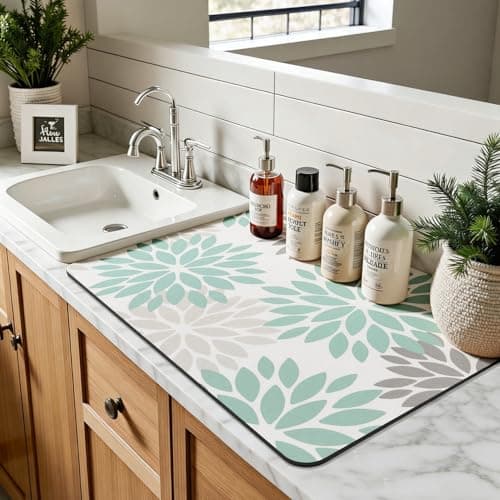 Findosom Floral Dish Drying Mat, 16" x 24" Super Absorbent & Hide Stain Coffee Mat, Cuttable Drying Mat for Kitchen Counter, Under Dish Rack, Coffee Maker, Espresso Machine, Teal - Thumbnail 5