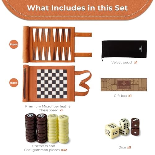 Woodronic Travel Backgammon Set 3 in 1 Chess & Checkers Board Game for Teens Adults Roll Up Leather Portable Games with 32 Premium Pearl Pieces 5 Dice 11x8.5 Inch Family Travel Gift - Thumbnail 4