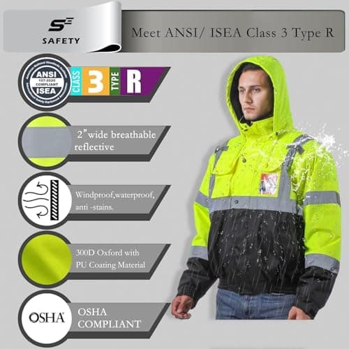 sesafety Reflective Jacket for Men, High Visibility Jackets, Safety Jackets for Men, Hi Vis Construction Bomber Jackets Waterproof with Pockets and Zipper, Black Bottom, Class 3 - Thumbnail 3