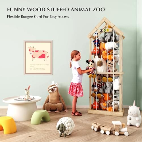 Eniffbaa Stuffed Animal Storage Zoo, 60.6" Tall Solid Pine Toy Storage Organizer, Reinforced Wooden Base & House Shape Plushie Holder Cage, Large 3D Plaque for Nursery Bedroom Playroom Decor (Natural) - Thumbnail 3