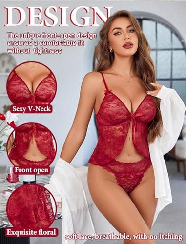 Avidlove Lingerie Sets for Women Sexy Pjs Sets Sexy Pajamas Floral Cami Matching Underwear Wine Red XL - Thumbnail 3