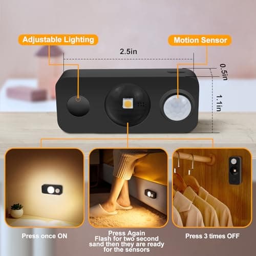 NIEGNOWOO LED Motion Sensor Puck Lights, Rechargeable Cabinet Lights, Stick on Wireless LED Night Light for Closet, Drawer, Shelf, Under Cabinet, Warm White 8Pack, USB Charging Cord Included - Thumbnail 3