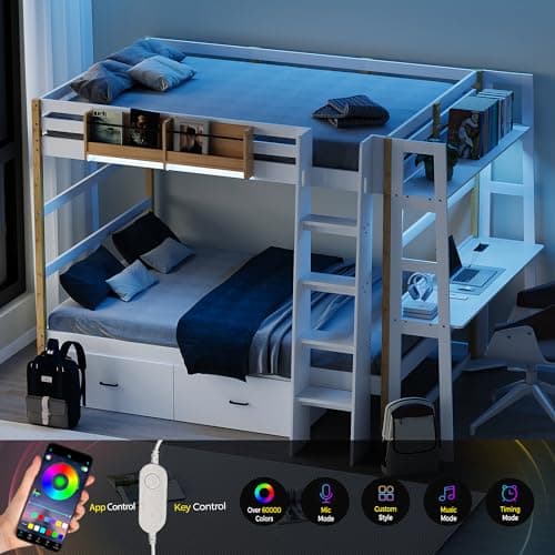 Kikihouse Wooden Twin Over Twin Bunk Bed with Desk, Charging Station and LED Lights, Convertible Solid Wood Frame with Ladders and Drawers, Sturdy Wood Bunk Bed for Kids, Space-Saving (Twin over Twin) - Thumbnail 3