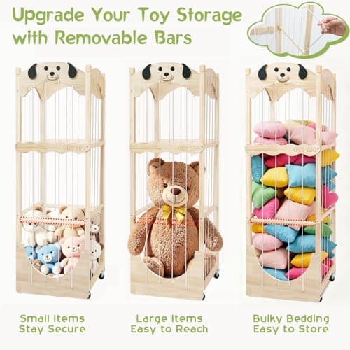 Stuffed Animal Storage & Organizer, Wooden Zoo Toy Holder with Cute Puppy Design, Large Plushies & Stuffy Storage with Elastic Cords, Kids Stuffed Animal Cage for Playroom, Bedroom, Nursery - Thumbnail 4