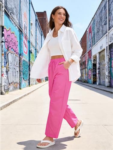 LOOKBOHO Women's Summer Pants 2026 Cargo High Waist Travel Wide Leg Baggy Parachute Casual Drawstring Lightweight Hiking Trouser Streetwear with Pockets Hot Pink Large - Thumbnail 6