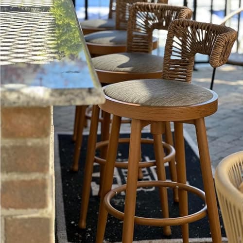 PURPLE LEAF Outdoor Swivel Bar Height Stools Set of 2 Metal Modern Wicker Bar Chairs with Back Aluminum Woven Barstools with Cushions for Kitchen Balcony Garden Indoor Teak