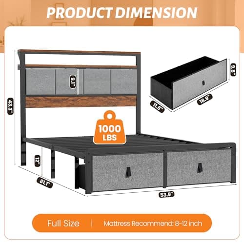 BOVONO Full Size Bed Frame with 2 Storage Drawers and Charging Station, Metal Platform Bed with 2-Layer Open Shelves, Bed Frames with Large Under Bed Storage, No Box Spring Needed Without Noise, Grey - Thumbnail 2
