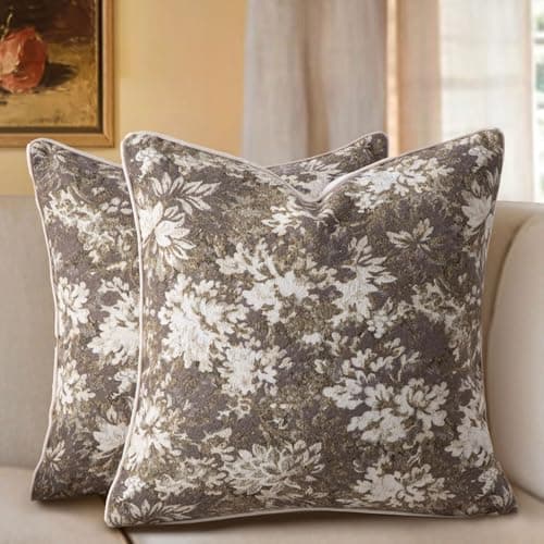 Haguko Pack of 2 Vintage Floral Throw Pillow Covers 20x20 Tapestry Chenille Soft Decorative Farmhouse Square Accent Pillow Cases for Couch Bedroom Living Room Home Decor, Beige - Image 1