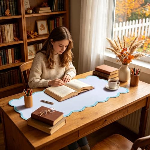 Yuboo Teal Scalloped Desk Mat for Women, 31"x15.7" Cute Waterproof Washable Non Slip Large Keyboard Mouse Pad, Cottagecore Aesthetic Desktop Pad for Gaming Office Dorm Desk Decor - Thumbnail 5