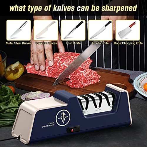 VIDOME Professional Electric Knife Sharpener with 100% Diamond Abrasives and Precision Angle Guides for Kitchen Straight Edge&Ceramic Knife Work Sharp, 3-stage Champagne Gold, afilador de cuchillos - Thumbnail 5