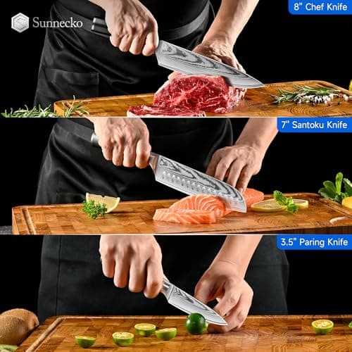 Sunnecko Damascus Knives Set,Japanese VG10 Core Steel Damascus 3PCS Chef Knife Set,Professional Razor Sharp Kitchen Knives Set with Knife Sharpner - Thumbnail 4
