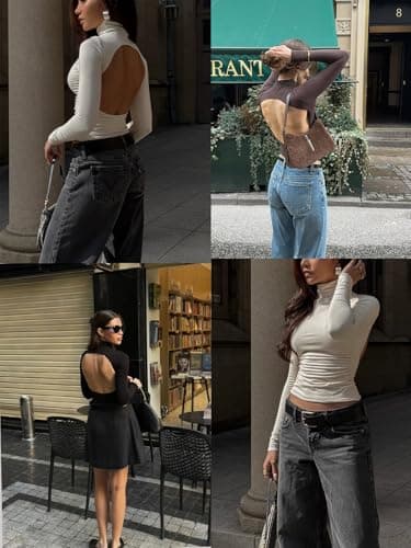 PINKMSTYLE Backless Long Sleeve Turtleneck Top Womens Double Lined Ruched Tops Country Concert Rave Outfits Burgundy X-Small - Thumbnail 5
