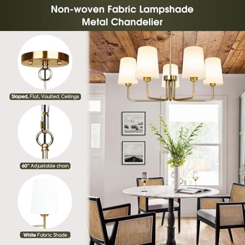 Tadpole Jump Farmhouse Chandelier 5 Lights Chandeliers for Dining Room with White Fabric Shade Rustic Gold Dining Room Light Fixture for Kitchen Bedroom Living Room - Thumbnail 5