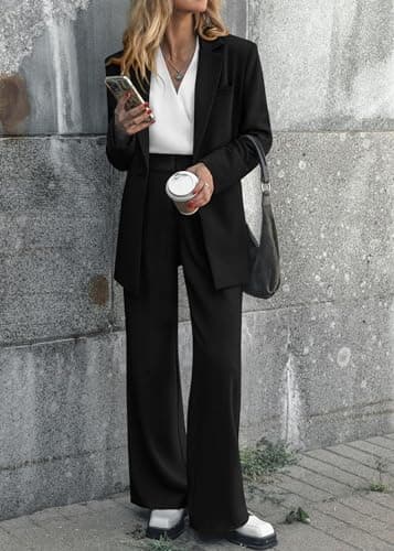 KIRUNDO Women Suits 2 Piece Set Business Casual Dressy Oversized Blazer Jacket and Wide Leg Dress Pantsuits Formal Outfits(Black, X-Large) - Thumbnail 2