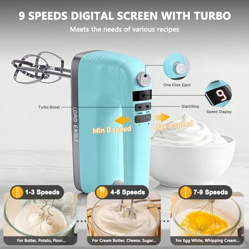 Lord Eagle 9-Speed Digital Hand Mixer Electric Handheld, 500W DC Motor - Thumbnail 2