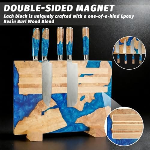 Premium Artisan Magnetic Knife Block - Double Sided 20 Knife Holder - Handcrafted Burl Wood & Blue Resin River Design - Stable Countertop Stand - Professional Kitchen Storage(No Knife) - Thumbnail 5