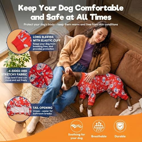 LovinPet Large Dogs PJS Sweatshirt, Anti Licking, UV Protections Dog Shirt, Stretchy Comfortable Skin-Friendly Fabric, Post Surgery Recovery Dog Pajamas, Red & Peach Floral Print, Onesies for Dogs,XL - Thumbnail 5