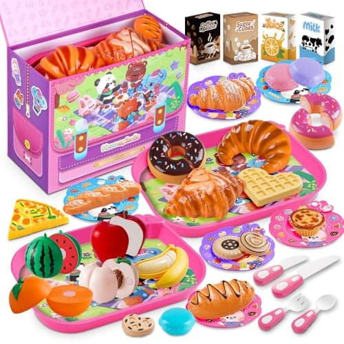 Drefirsa Girl Play Food-Kitchen Food Toys, Plastic Play Food for Toddlers with Pink Picnic Case, Cutting Fruit, Bread, Plate, Learning Educational Toy for 2 3 4 5 6 Year Old Girl Birthday Gift - Image 1