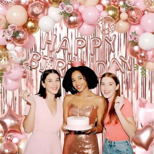 Rose Gold Birthday Decorations, Gold Pink Peach White Balloons Confetti Foil Balloons Happy Birthday Banner Butterfly Fringe Curtains birthday Decorations for Women Teens Girls - Thumbnail 3