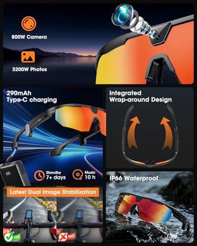 Mingtawn Smart Glasses with 4K HD Anti-Shake Camera & 3D Stereo Speakers | Polarized UV400 Sports Sunglasses | Bluetooth AI Glasses for Outdoor Video, Photos & Music | HiFi Audio Action Camera (Dark) - Thumbnail 3