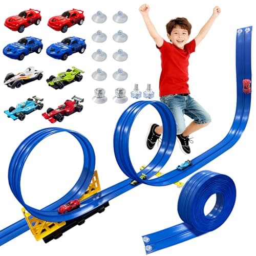 16.5 Ft Flexible Race Track for Kids - Compatible with Hot Wheels 1/64 Diecast Cars - Includes 8 Racing Cars & Super-Grip Gravity Ramp -Rollable Portable DIY Track Toy, Gift for Boys Girls 3-8, Blue - Image 1