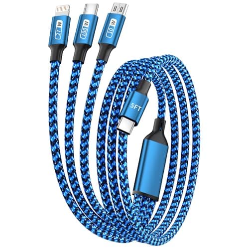 100W USB C Multi Charging Cable[5FT],3 in 1 Charging Cable Fast with E-Mark Chip,Universal Charging Cables for Multiple Devices with USB C[100W]+Lightning[27W]+Micro[15W] for Laptop/Tablet/Phone/More - Image 1
