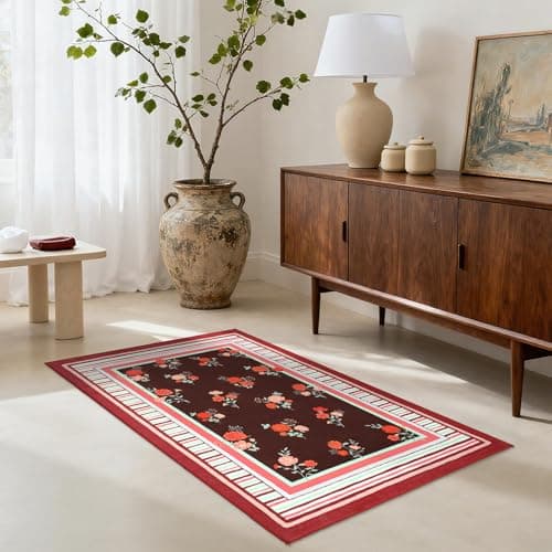 GarveeHome Red 2x3 Area Rug, Vintage Floral Machine Washable Small Rug, Non Slip TPR Backing, Soft Entryway Mat for Kitchen Bathroom Bedroom Nursery - Thumbnail 2
