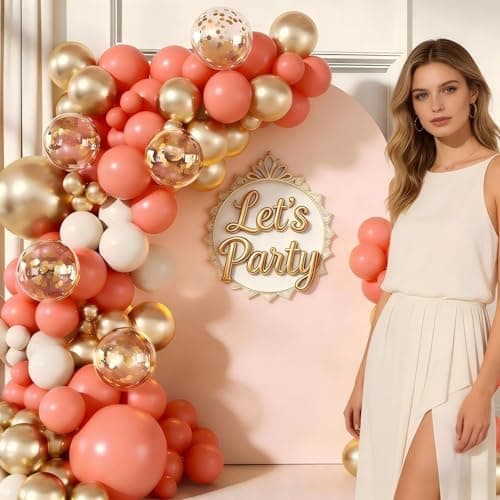 Coral Red White Gold Balloon Garland Arch Kit, 160Pcs Coral Red White Gold Latex Balloons with Confetti Balloons for Mother's Day Wedding Anniversary Birthday Shower Party Decorations - Thumbnail 4