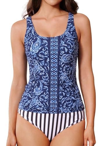 Trifabricy Tankini Swimsuits for Women - Two Piece Ruched Tummy Control Bathing Suits Adjustable Straps Women's Tankinis Swimsuit with Bikini Bottoms Dark Blue White Flowers, XX-Large - Image 1