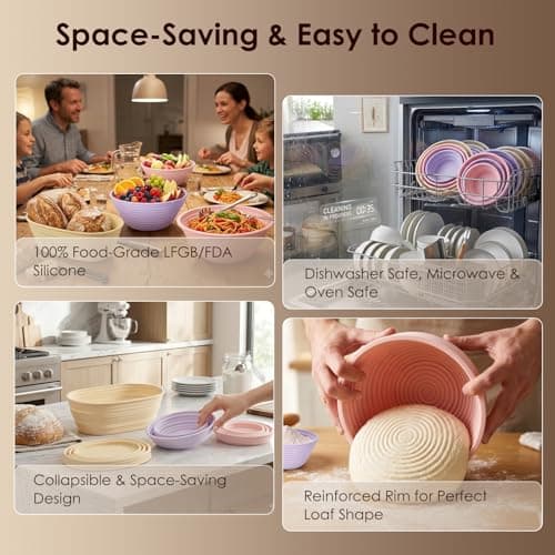 Yiopaun Silicone Banneton Bread Proofing Baskets, Sourdough Starter Kit Baking Supplies - 5'' and 9" Round, 10" Oval Foldable Non-Stick Dough Proofing Bowl Containers Sets Gifts - Thumbnail 6