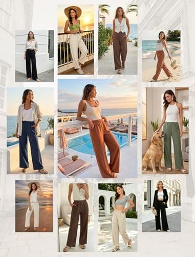 COPYLEAF Linen Pants Women Wide Leg Elastic Waist Flowy Palazzo Casual Pants with Pockets Beach Travel Trousers(Navy Blue XL) - Thumbnail 4