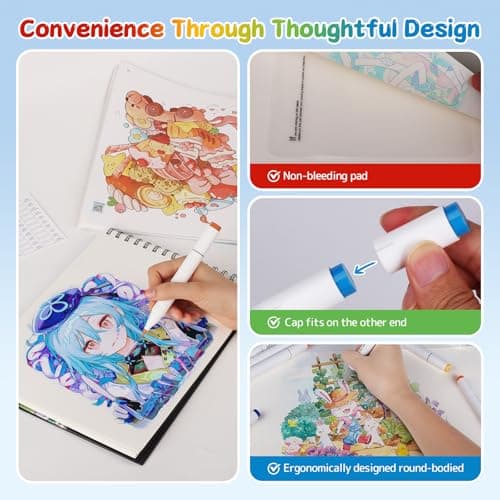 HOTU 50 Colors Alcohol Markers, Brush & Fine Dual Tip Art Markers for Adult Coloring Books, Refillable Alcohol Based Marker Set with Anti-Bleeding Pad, Case & Swatch for Artists, Beginners & Kids - Thumbnail 4