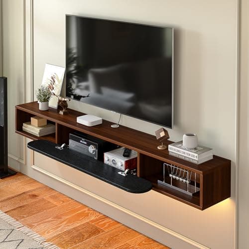 Furninova Floating TV Stand,Wall Mounted Entertainment Center for 65 Inch TV,Plywood Floating Media Console with 1 Flip Down Door & Cable Management,Modern Space Saving TV Shelf,55 Inch,Walnut & Black - Thumbnail 4